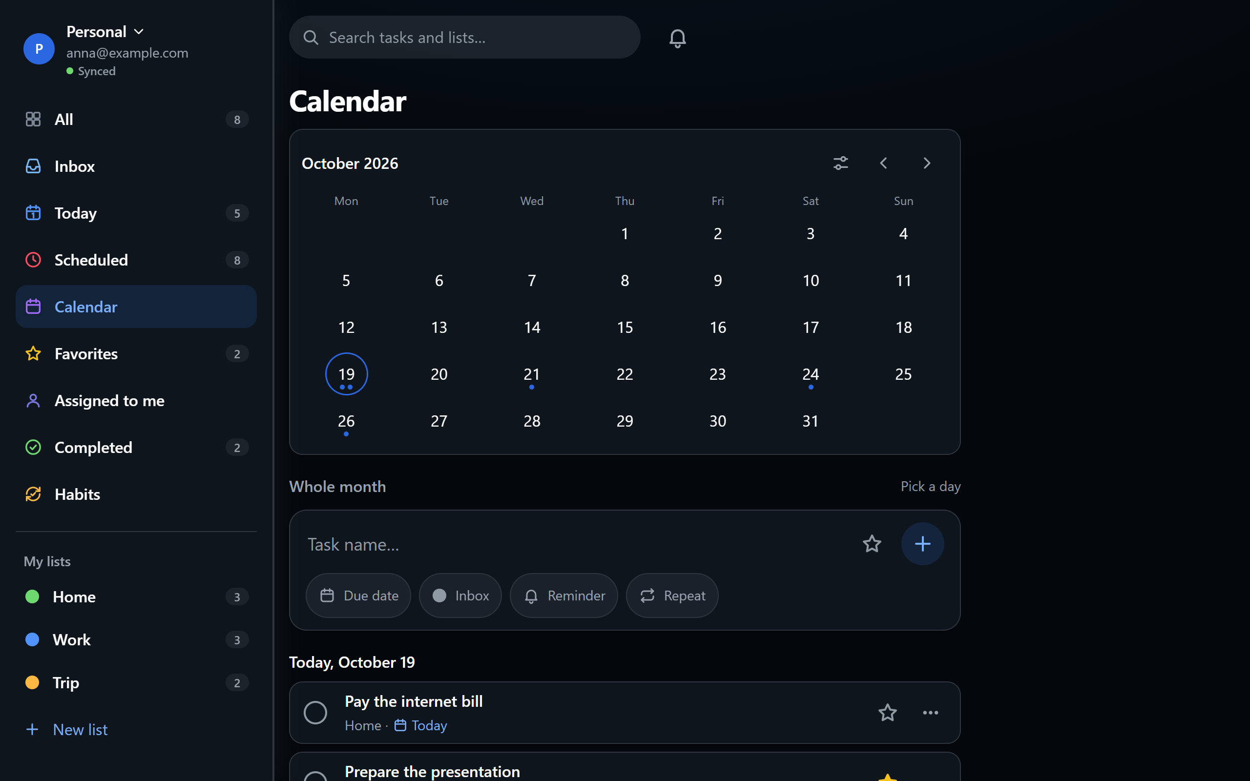 Calendar with tasks, dark theme