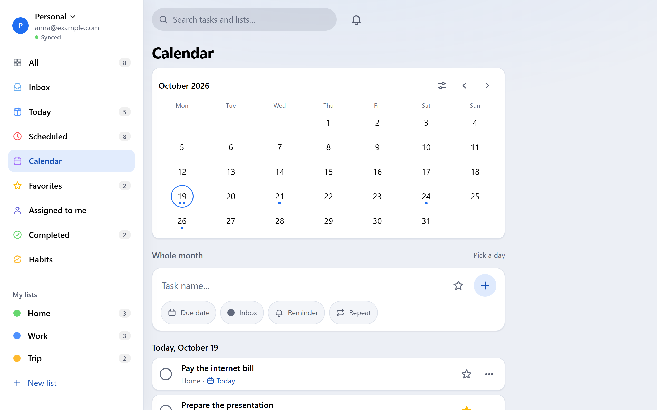 Calendar with tasks, light theme