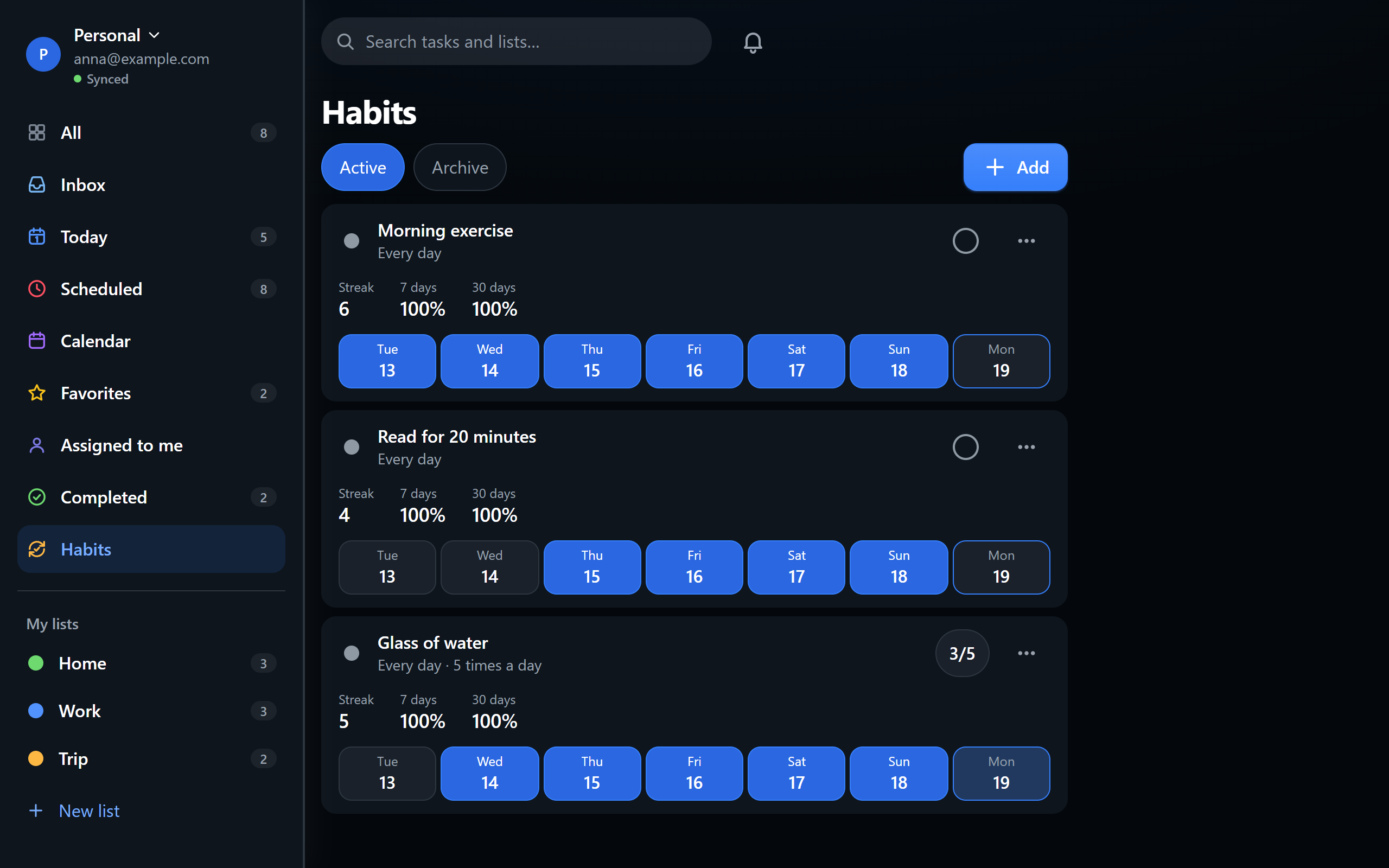 Habits with streaks, dark theme