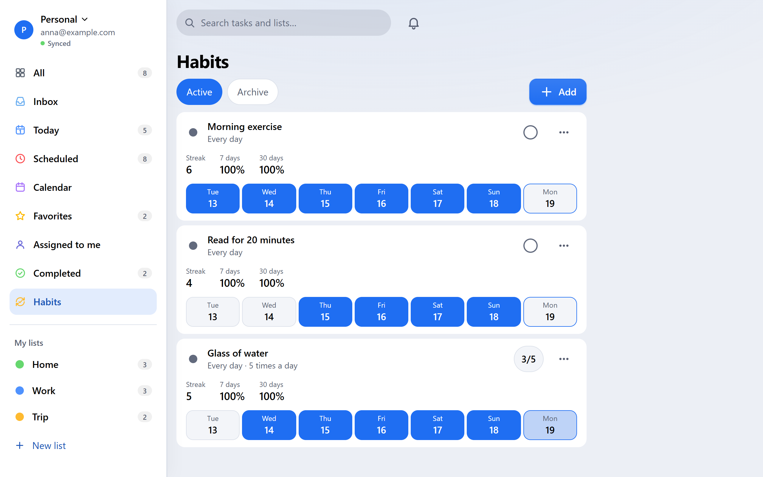 Habits with streaks, light theme