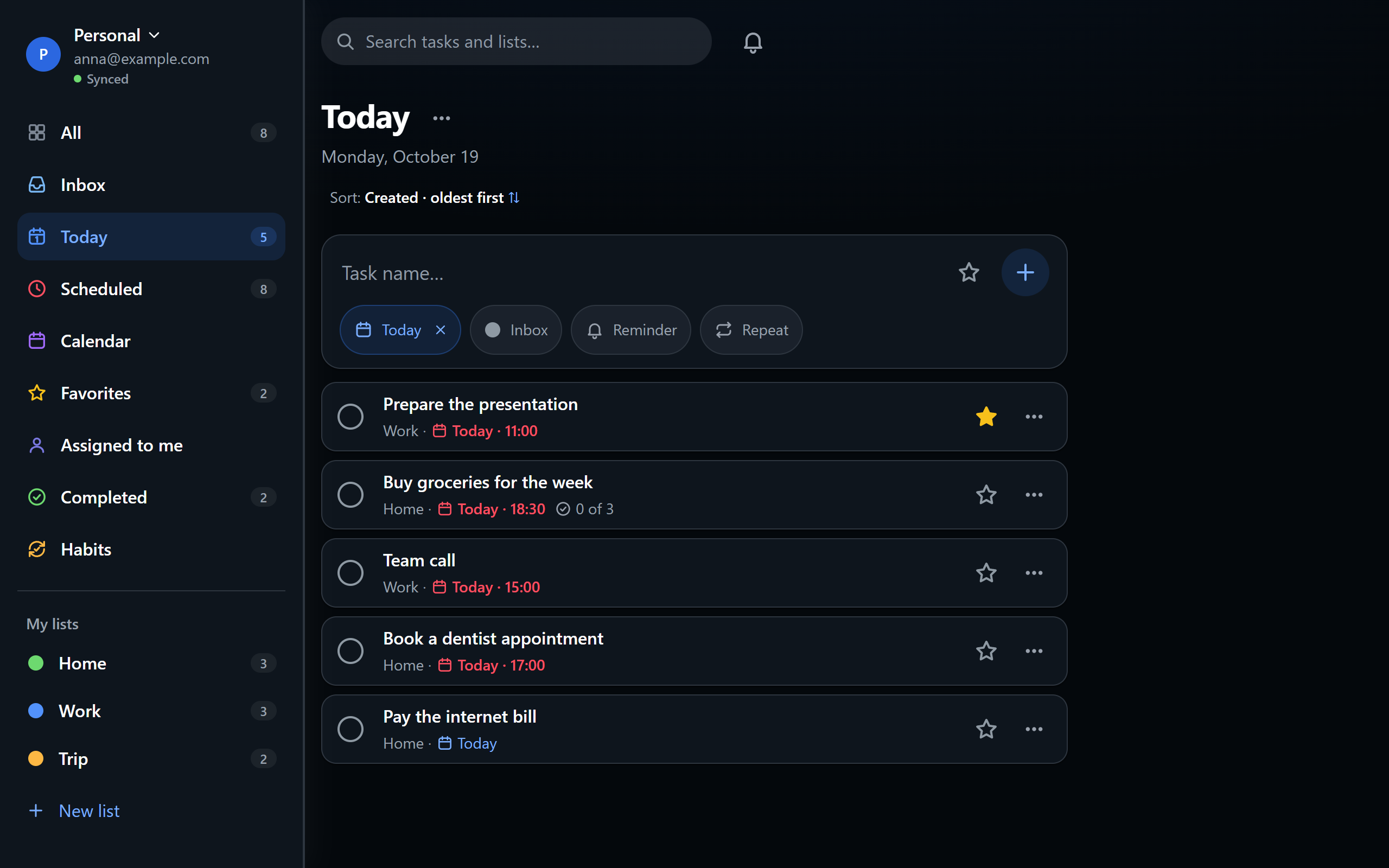 The Today screen in the dark theme