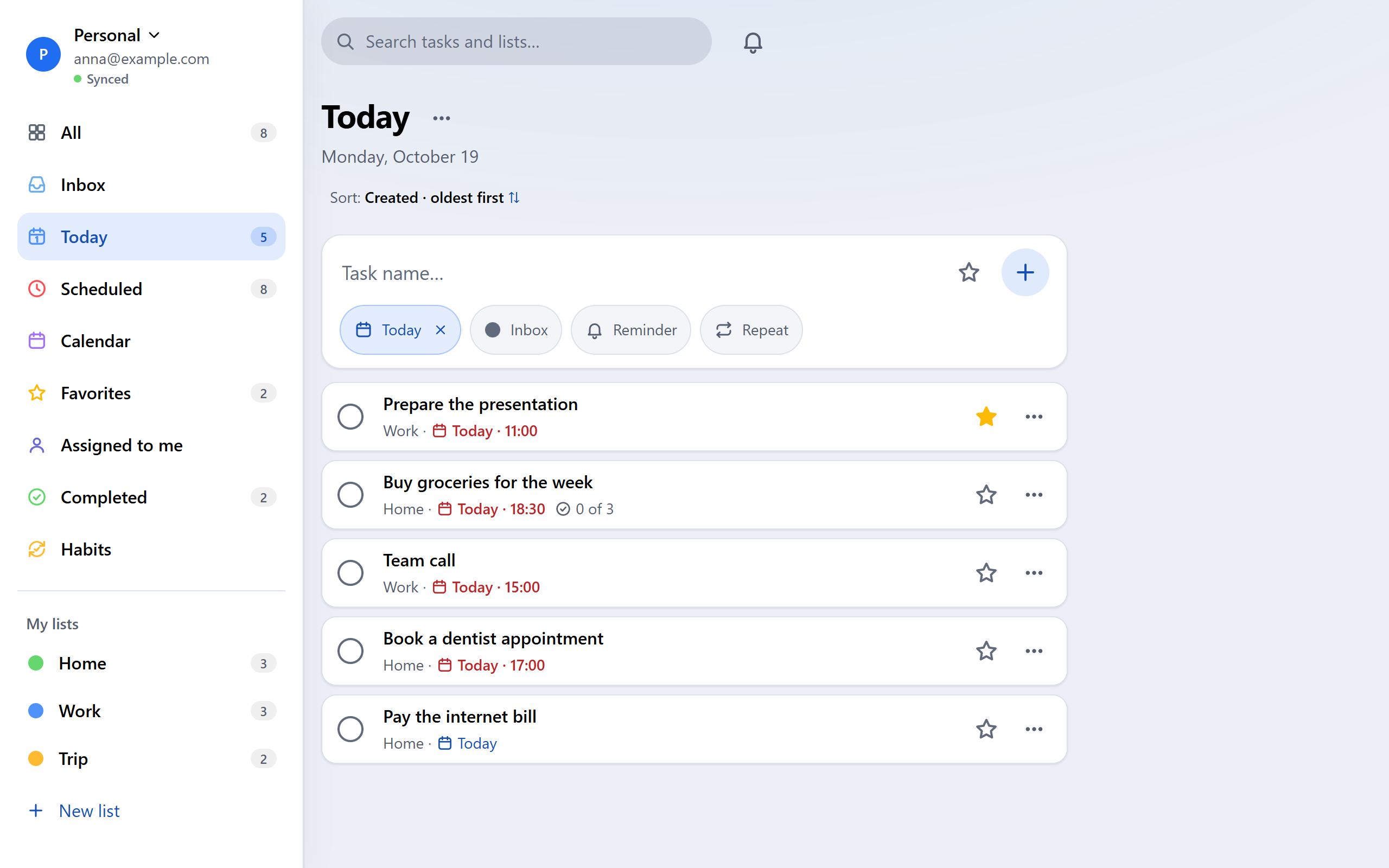 The Today screen in the light theme