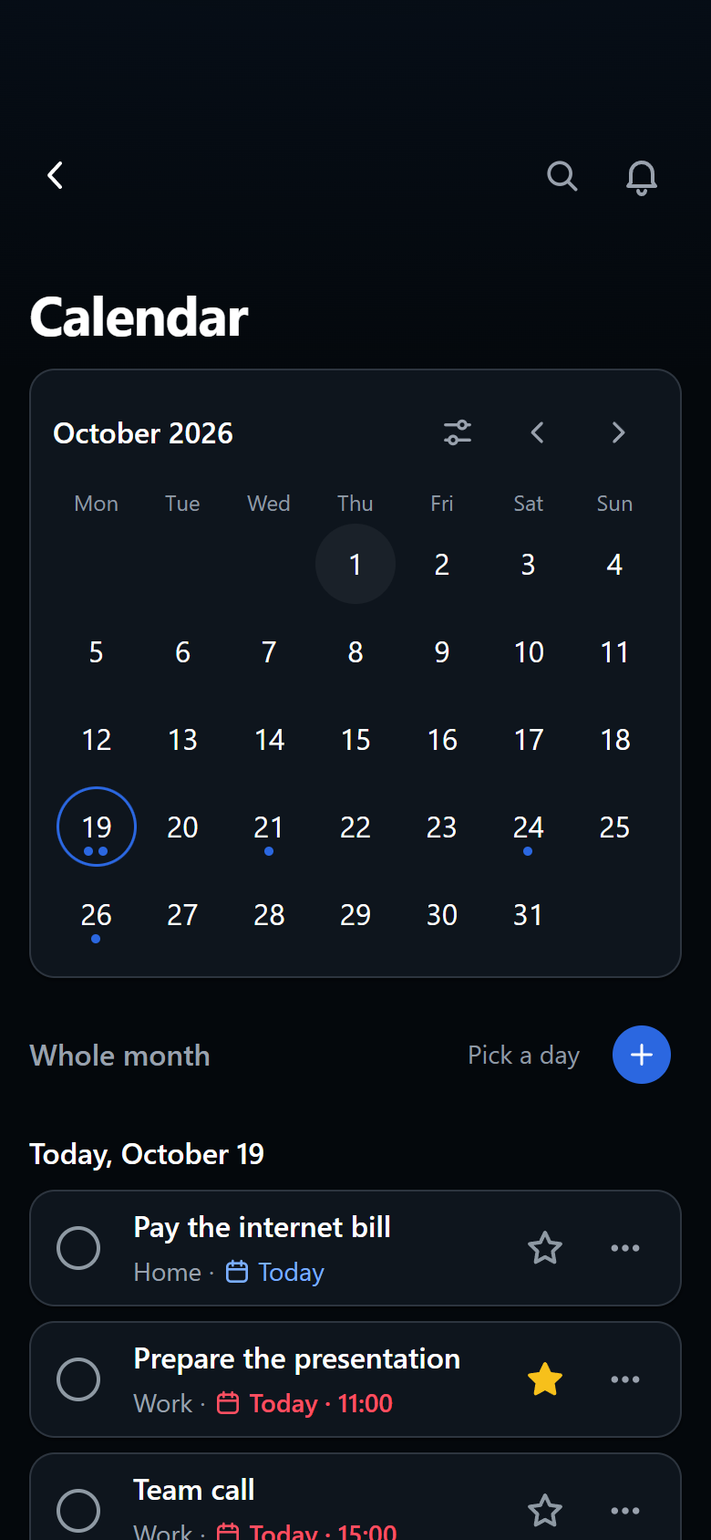 Calendar with tasks, dark theme, phone view