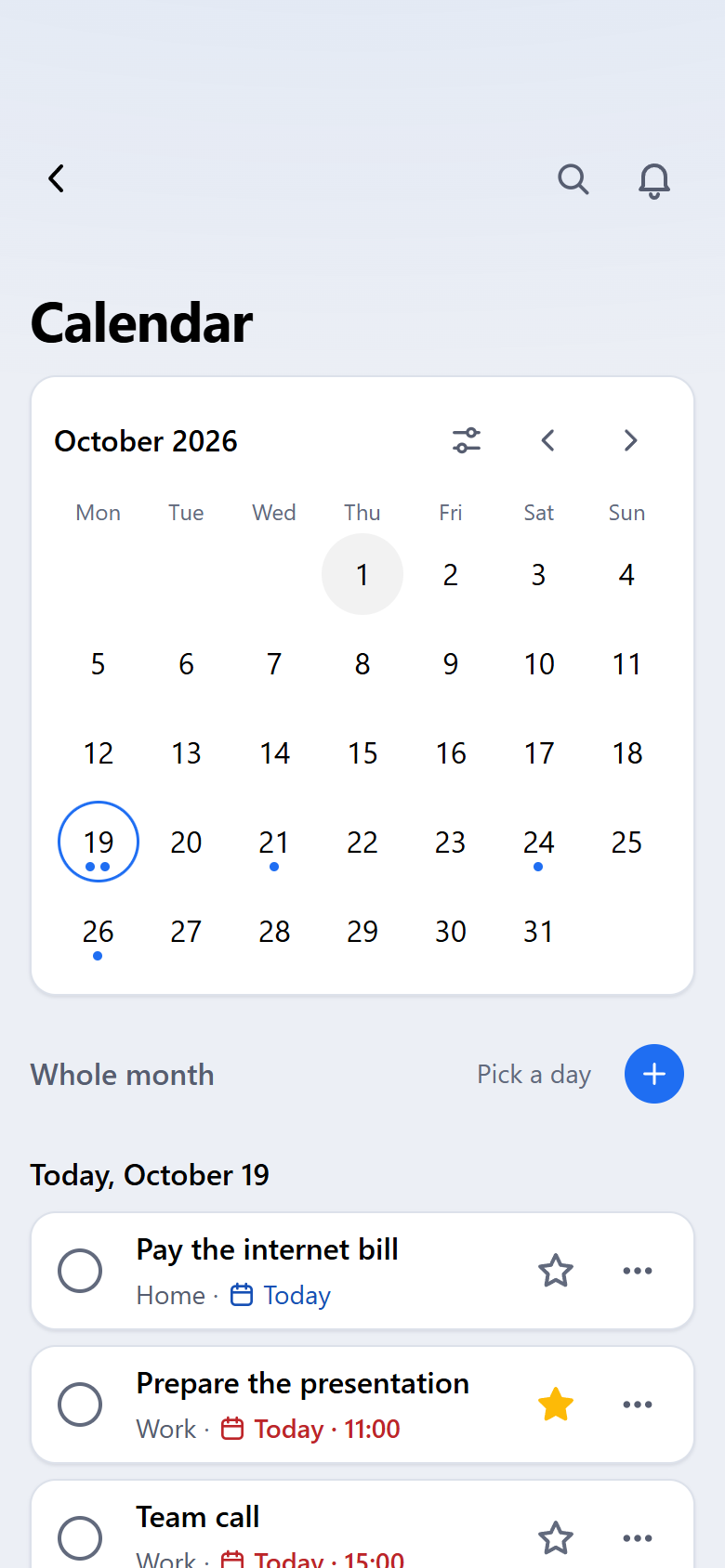 Calendar with tasks, light theme, phone view