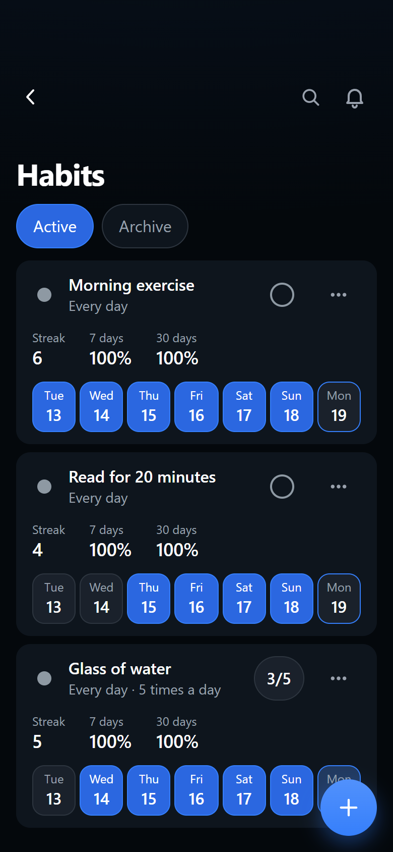 Habits with streaks, dark theme, phone view