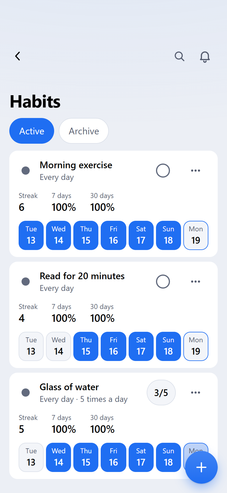 Habits with streaks, light theme, phone view
