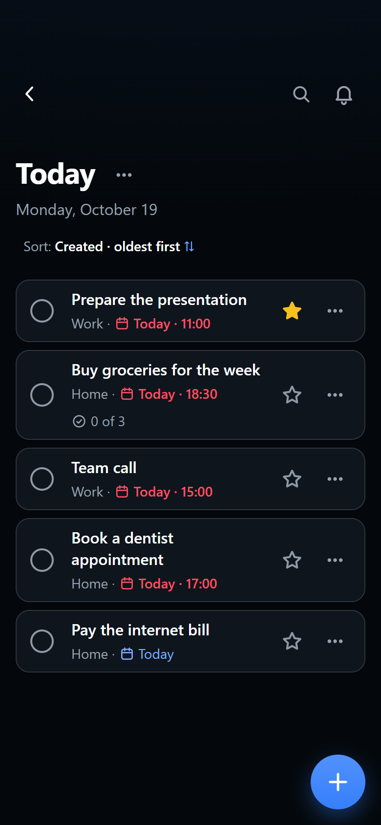 Tasks for today, dark theme, phone view