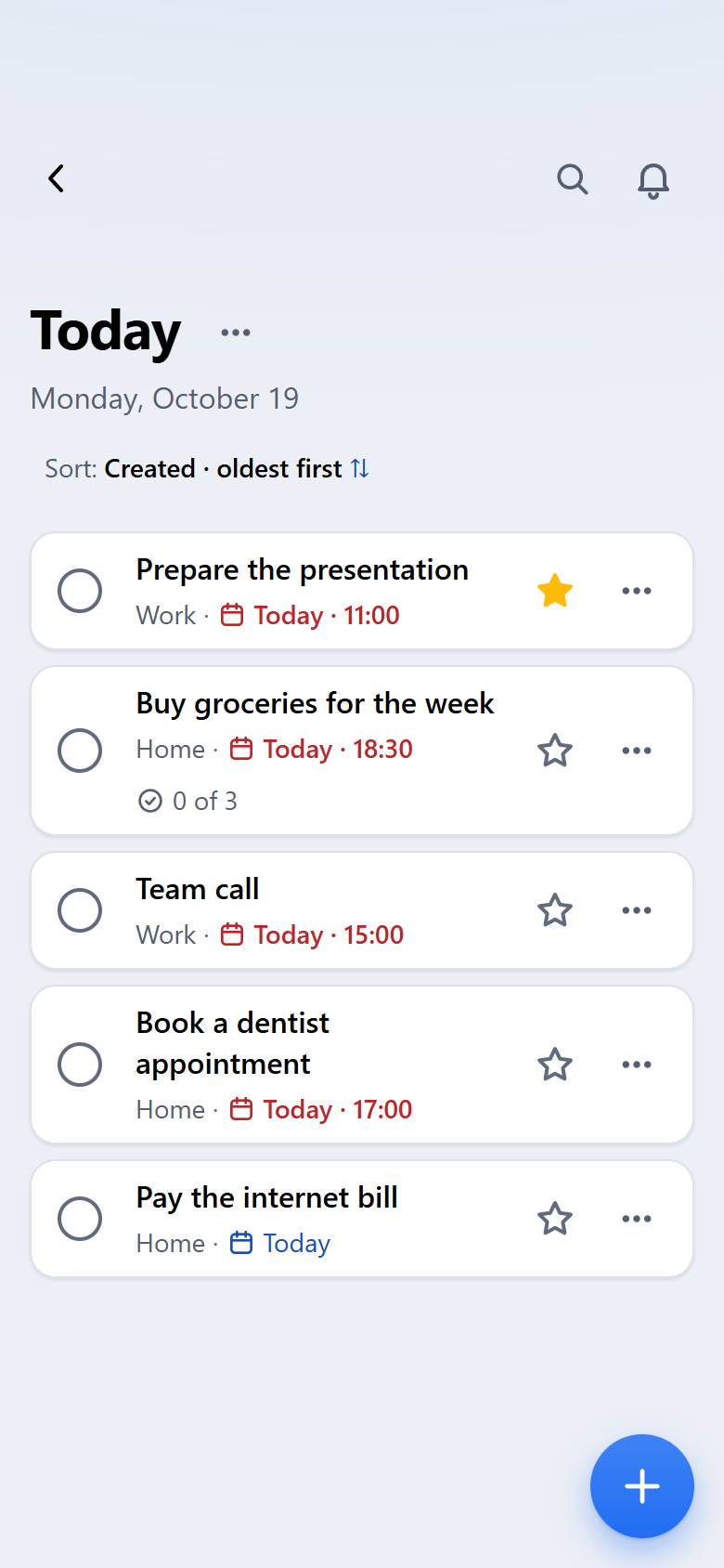 Tasks for today, light theme, phone view